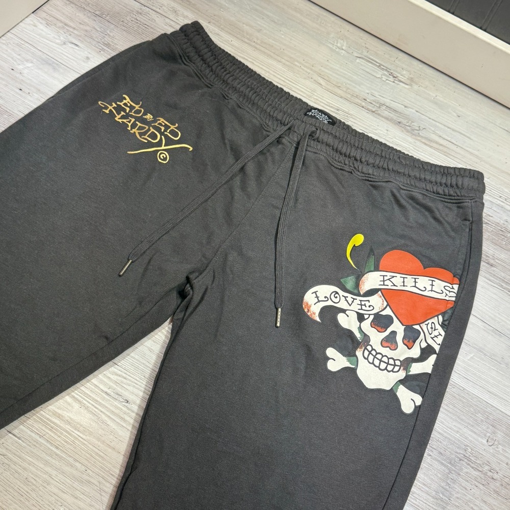 Ed Hardy Men's Size XL Sweatpants Joggers Gray Love Kills Skull Heart